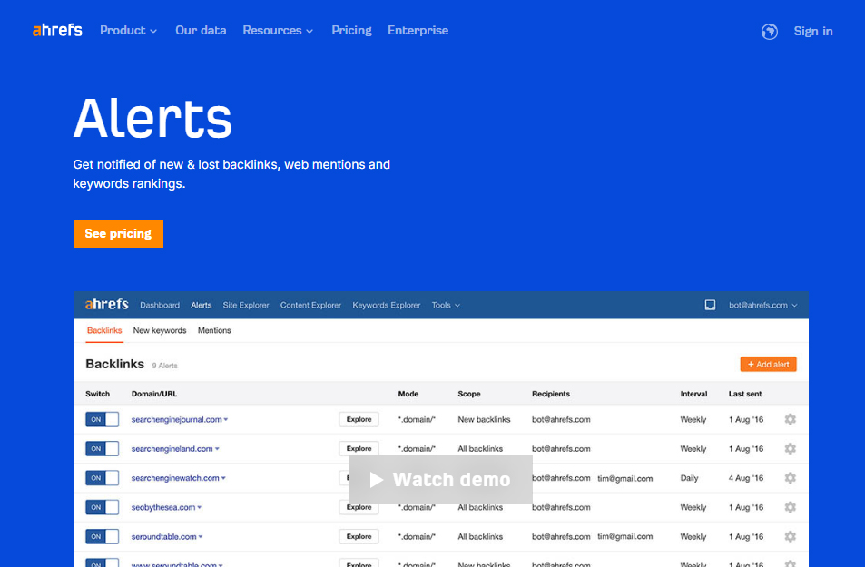 Ahrefs Alerts — функция, отправляющая уведомления о новых упоминаниях ключевых слов